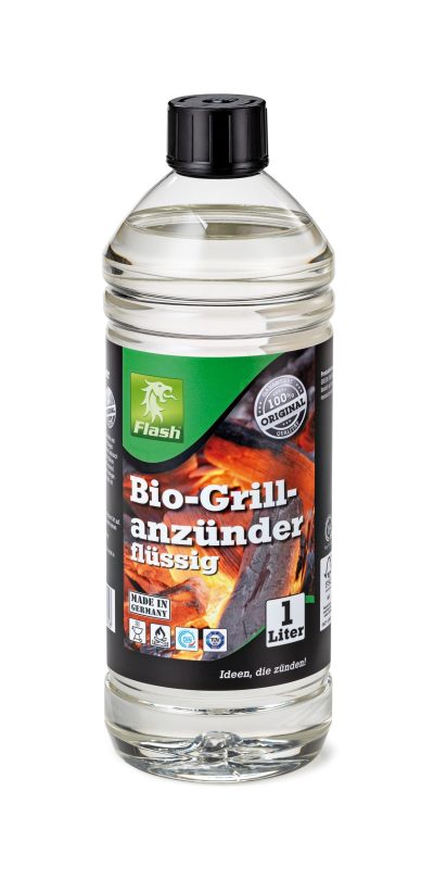 Eine Flasche mit 1 Liter flüssigem Bio-Grillanzünder der Firma Flash