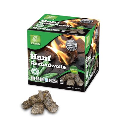 Eine Packung Hanf-Grillanzündwolle (32 Stück) der Firma Flash für Grill, Feuer und Kamin