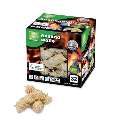 Eine Packung mit Anzündwolle (32 Stück) der Firma Flash für Kamin, Feuer und Grill