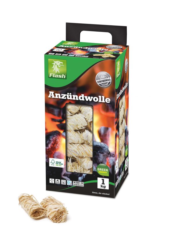 eine Packung mit 1kg Anzündwolle der Firma Flash