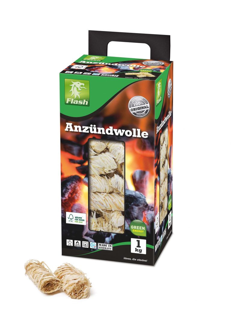 eine Packung mit 1kg Anzündwolle der Firma Flash