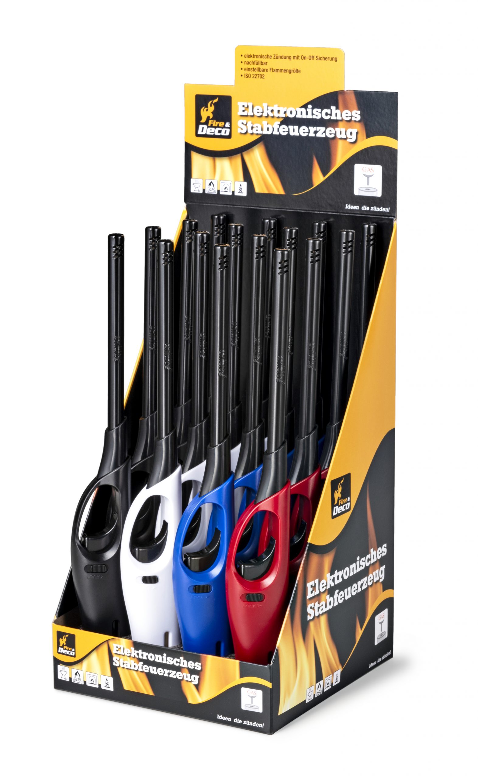 Ein Paket Stabfeuerzeuge mit 16 Feuerzeugen in den Farben Schwarz, Weiß, Blau und Rot