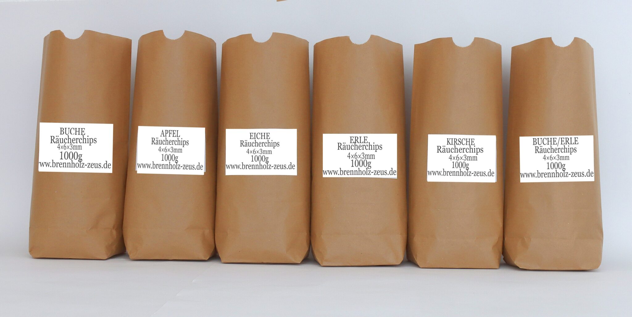 Räucherchips 4x6x3mm Apfel, Buche, Erle, Kirsche, Eiche 6x1000 gr