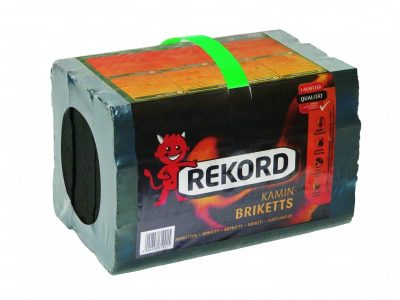 Eine Packung mit 10 kg Braunkohlebriketts der Firma REKORD